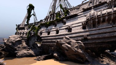 Sahildeki bir korsan gemisinin 3 boyutlu görüntüsü. 