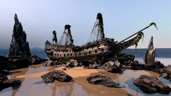 Rendering Wreck Pirate Ship Coast — Stock Photo, Image