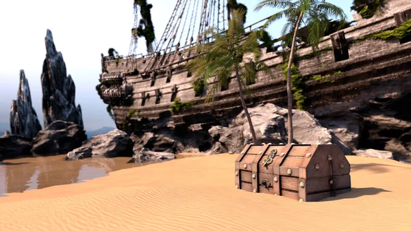 Рендеринг Крушения Пиратского Корабля Берегу Сундука Сокровищами — стоковое фото