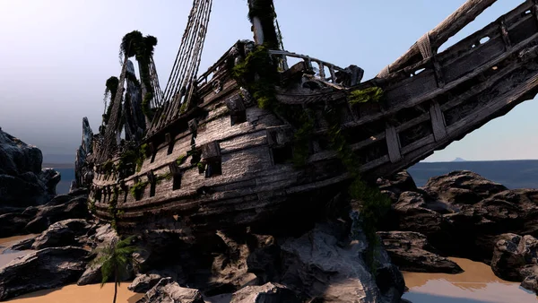 Rendering Wreck Pirate Ship Coast — Fotografia de Stock