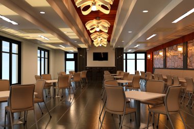 Bir otel restoranının 3 boyutlu görüntüsü.