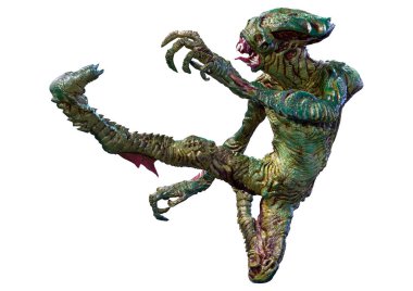 Beyaz arka planda izole edilmiş yeşil bir uzaylının 3 boyutlu görüntüsü