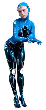 Beyaz arka planda izole edilmiş bir kadın robotun 3 boyutlu canlandırması