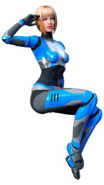 Beyaz arka planda izole edilmiş bir kadın robotun 3 boyutlu canlandırması