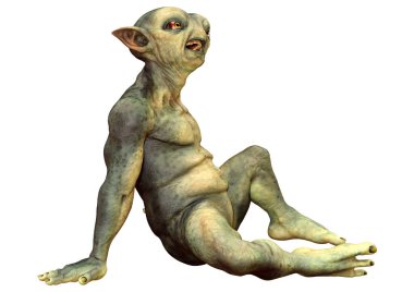 Beyaz arka planda izole edilmiş yeşil bir uzaylının 3 boyutlu görüntüsü