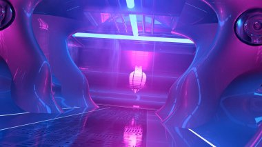 3D rendering of a science fiction hallway in blue and purple neon light