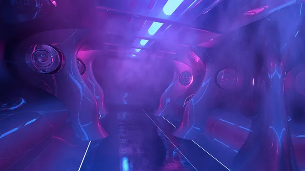 Rendering Science Fiction Hallway Blue Purple Neon Light — Fotografia de Stock