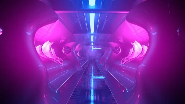 Rendering Science Fiction Hallway Blue Purple Neon Light — Stock Fotó