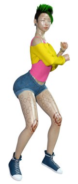 Beyaz arka planda izole edilmiş bir kadın robotun 3 boyutlu canlandırması