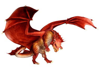 Beyaz arka planda izole edilmiş bir fantezi ejderhanın 3 boyutlu canlandırması