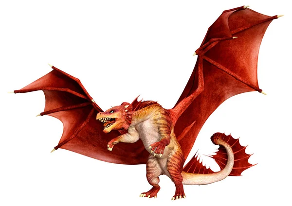 Beyaz arka planda izole edilmiş bir fantezi ejderhanın 3 boyutlu canlandırması