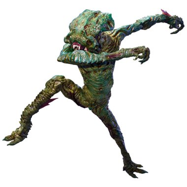 Beyaz arka planda izole edilmiş yeşil bir uzaylının 3 boyutlu görüntüsü