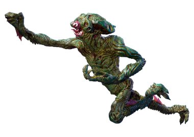 Beyaz arka planda izole edilmiş yeşil bir uzaylının 3 boyutlu görüntüsü