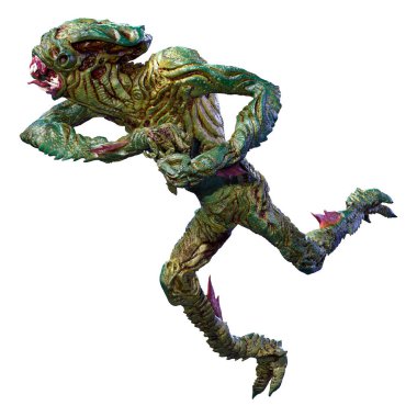 Beyaz arka planda izole edilmiş yeşil bir uzaylının 3 boyutlu görüntüsü