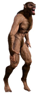 Beyaz arka planda 3 boyutlu bir kurt adam ya da Lycanthrope görüntüsü izole edilmiş.