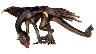 Beyaz arka planda izole edilmiş bir fantezi ejderhanın 3 boyutlu canlandırması