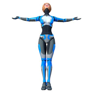 Beyaz arka planda izole edilmiş bir kadın robotun 3 boyutlu canlandırması