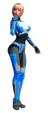 Beyaz arka planda izole edilmiş bir kadın robotun 3 boyutlu canlandırması