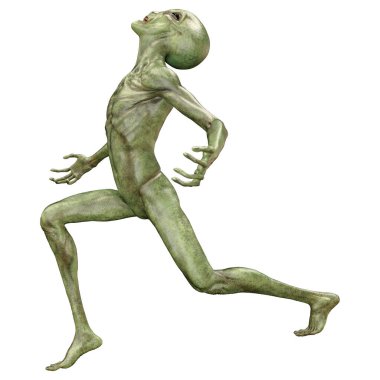 Beyaz arka planda izole edilmiş yeşil bir uzaylının 3 boyutlu görüntüsü