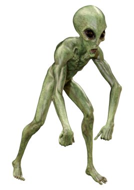 Beyaz arka planda izole edilmiş yeşil bir uzaylının 3 boyutlu görüntüsü