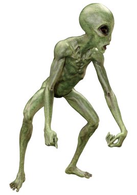 Beyaz arka planda izole edilmiş yeşil bir uzaylının 3 boyutlu görüntüsü