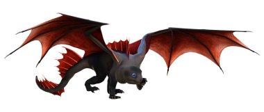 Beyaz arka planda izole edilmiş bir fantezi ejderhanın 3 boyutlu canlandırması