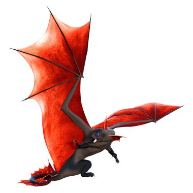 Beyaz arka planda izole edilmiş bir fantezi ejderhanın 3 boyutlu canlandırması