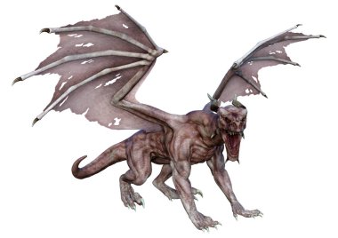 Beyaz arka planda izole edilmiş bir fantezi ejderhanın 3 boyutlu canlandırması