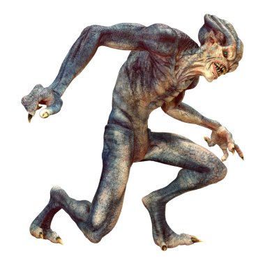 Beyaz arka planda izole edilmiş mavi bir uzaylının 3 boyutlu görüntüsü