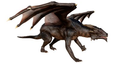 Beyaz arka planda izole edilmiş bir fantezi ejderhanın 3 boyutlu canlandırması