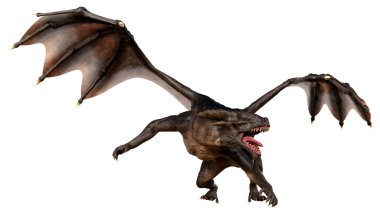 Beyaz arka planda izole edilmiş bir fantezi ejderhanın 3 boyutlu canlandırması