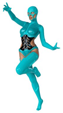 Beyaz arka planda izole edilmiş bir kadın robotun 3 boyutlu canlandırması