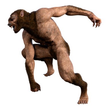 Beyaz arka planda 3 boyutlu bir kurt adam ya da Lycanthrope görüntüsü izole edilmiş.