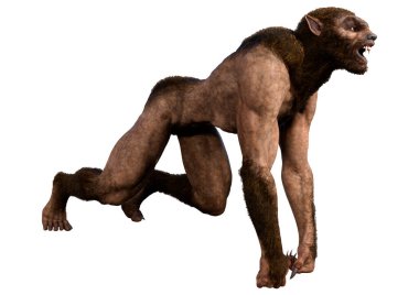 Beyaz arka planda 3 boyutlu bir kurt adam ya da Lycanthrope görüntüsü izole edilmiş.