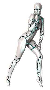 Beyaz arka planda izole edilmiş bir kadın robotun 3 boyutlu canlandırması