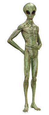 Beyaz arka planda izole edilmiş yeşil bir uzaylının 3 boyutlu görüntüsü