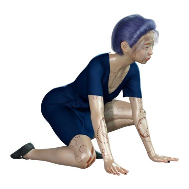 Beyaz arka planda izole edilmiş bir kadın robotun 3 boyutlu canlandırması