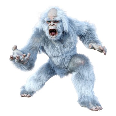 Yeti 'nin beyaz arka planda izole ettiği 3 boyutlu bir fantezi yaratığı.