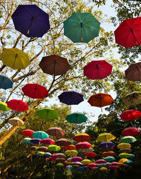 Park decorated with colored umbrellas — Stock Photo, Image