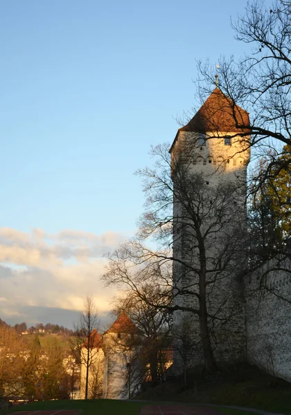 Vieux Château Lucerne Tours Pendant Coucher Soleil — Photo