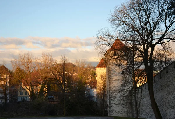 Vieux Château Lucerne Tours Pendant Coucher Soleil — Photo