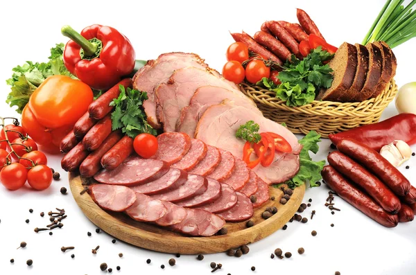 Kolbász, hús és zöldség Stock Kép