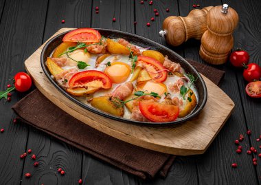Siyah beton arka planda patates, et ve yumurta kızartma tavası.