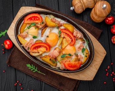 Siyah beton arka planda patates, et ve yumurta kızartma tavası.