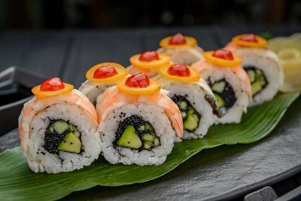 Sushi Rolls Shrimp Black Tobiko Caviar Spicy Sauce Traditional Delicious — Stock Photo, Image