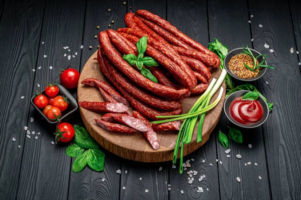 Kabanosy Polish Sausages Made Pork Board Addition Fresh Herbs Spices — Stock Photo, Image