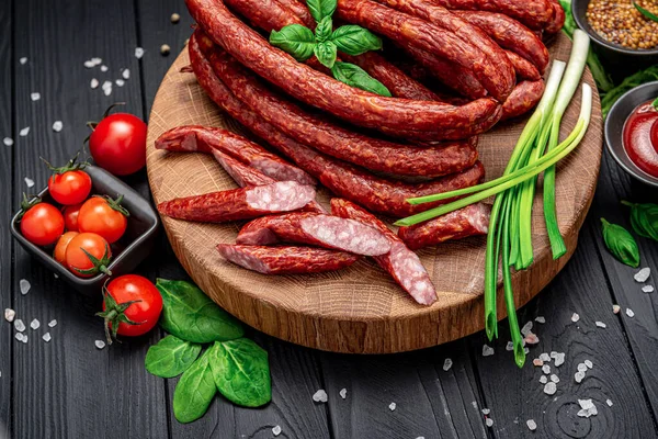 Kabanosy Polish Sausages Made Pork Board Addition Fresh Herbs Spices — Stock Photo, Image