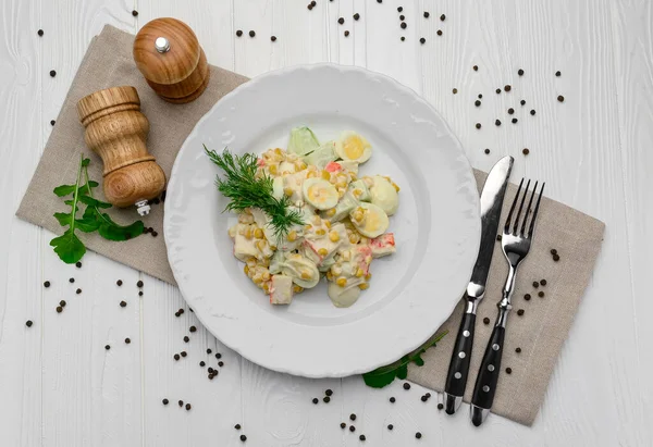 Salad Crab Sticks Sweet Corn Cucumber Eggs Mayonnaise Light Table — Stock Photo, Image