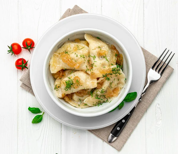Boiled Dumplings White Plate Close Vareniki Isolated Image — Stock Photo, Image