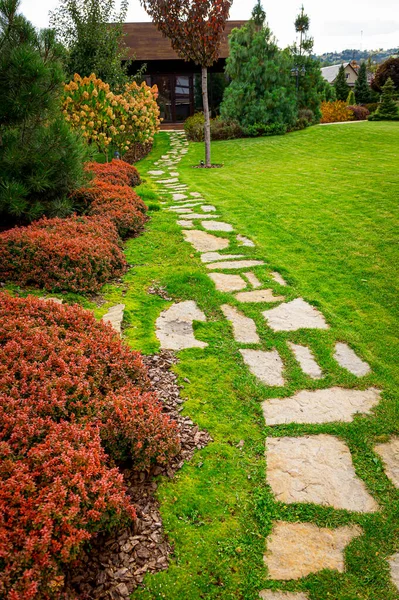 Front Yard Landscape Design Multicolored Shrubs Intersecting Bright Green Lawns — Stock Photo, Image